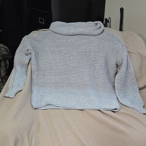 Blue and Gray Cowl Neck Sweater with Ribbed Texture